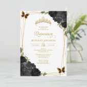 Zwart en gouden Quinceañera uitnodiging (Staand voorkant)