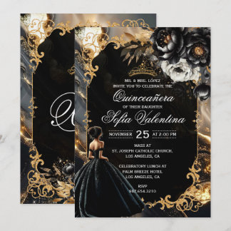 Zwart en gouden Quinceañera uitnodiging