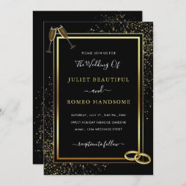 Zwart en Gouden Ringen Bruiloft Uitnodiging
