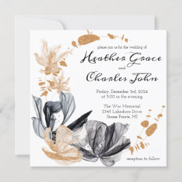 Zwart en gouden rook bloemen trouw uitnodiging