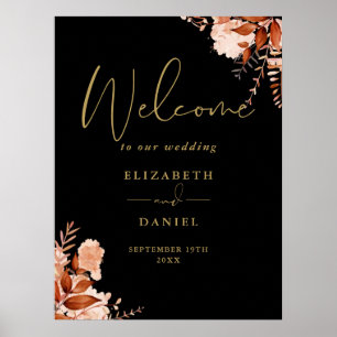 Zwart en gouden rustieke bloemen-huwelijks-welkoms poster
