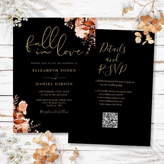 Zwart en gouden rustieke bloemencode met QR-code v Kaart