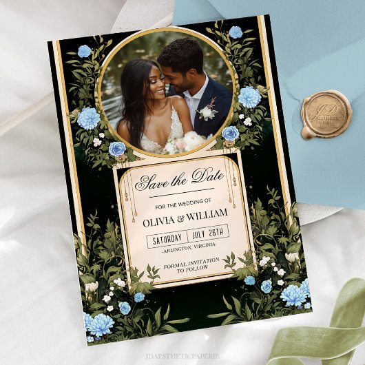 Zwart en Gouden "Save the Date" met Blauwe Bloemen Kaart
