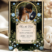 Zwart en Gouden "Save the Date" met Blauwe Bloemen Kaart