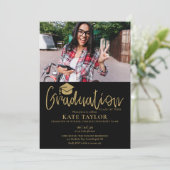Zwart en gouden script afstudeerfeest 2 foto kaart (Staand voorkant)