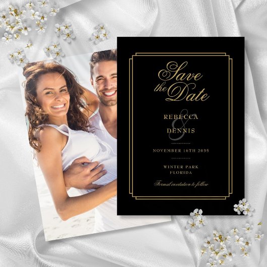 Zwart en gouden script Art Deco foto bruiloft Save The Date