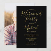 Zwart en gouden script foto pensioenfeest kaart (Voorkant / Achterkant)