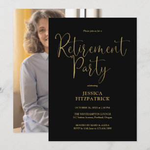 Zwart En Gouden Script Foto Pensioenfeest Kaart