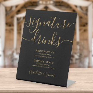 Zwart en gouden script huwelijks handtekening dran reclamebord met voetstuk