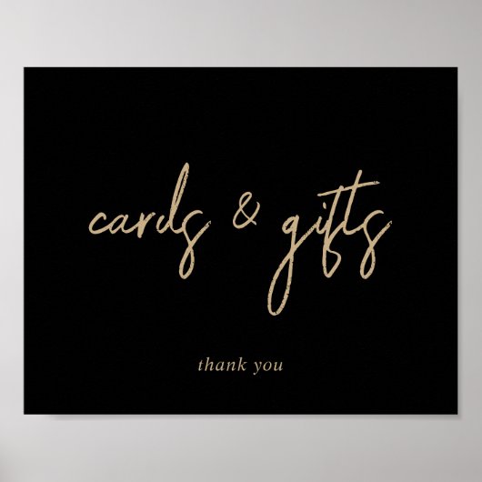 Zwart en gouden script kaarten en cadeaus bord poster (Voorkant)