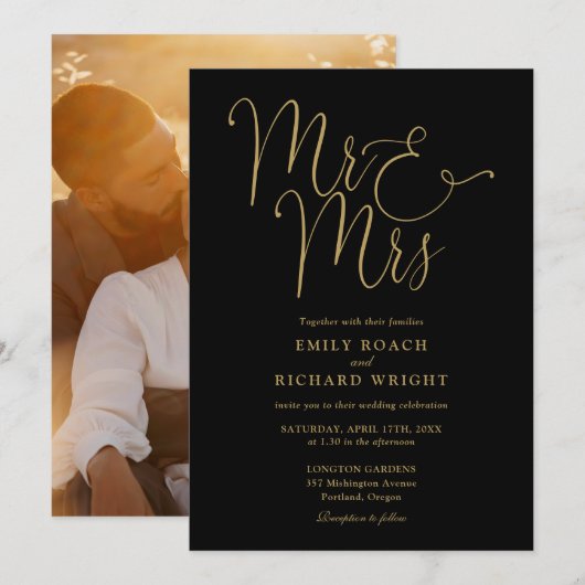Zwart en gouden script Mr en Mrs foto bruiloft Kaart (Voorkant / Achterkant)