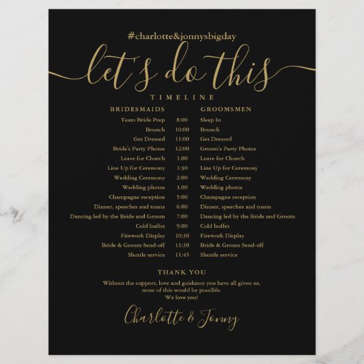Zwart En Gouden Script Trouwdag Schema Tijdschema (Voorkant)