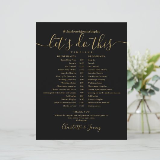 Zwart En Gouden Script Trouwdag Schema Tijdschema (Staand voorkant)
