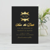 Zwart en gouden script typografie monogram bruilof save the date (Staand voorkant)