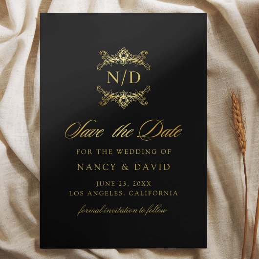 Zwart en gouden script typografie monogram bruilof save the date