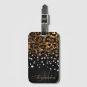 Zwart en Gouden Sparkle Leopard Print Bagagelabel (Voorkant (verticaal))