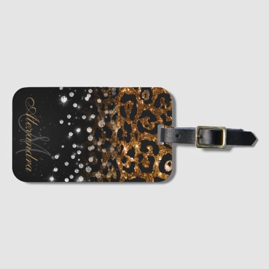 Zwart en Gouden Sparkle Leopard Print Bagagelabel (Voorkant (horizontaal))