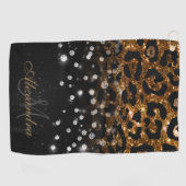 Zwart en Gouden Sparkle Leopard Print Golfhanddoek (Horizontaal)