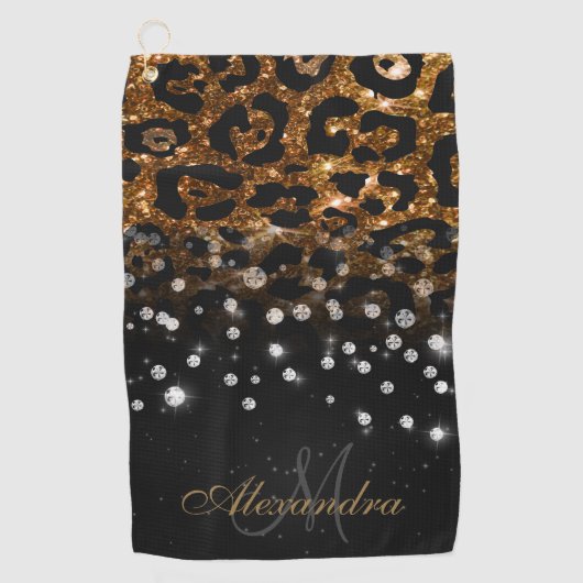 Zwart en Gouden Sparkle Leopard Print Golfhanddoek (Voorkant)