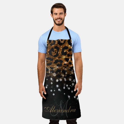 Zwart en Gouden Sparkle Leopard Print Schort (Gedragen)