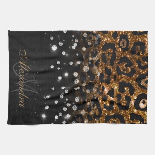 Zwart en Gouden Sparkle Leopard Print Theedoek (Horizontaal)
