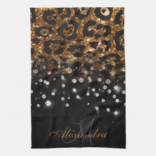 Zwart en Gouden Sparkle Leopard Print Theedoek (Verticaal)