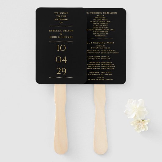 Zwart En Gouden Speciale Datum Huwelijksprogramma Handwaaier (Voorkant en achterkant)
