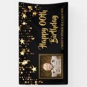 Zwart en Gouden Sterren Foto Elk Jaar Verjaardag Spandoek (Verticaal)