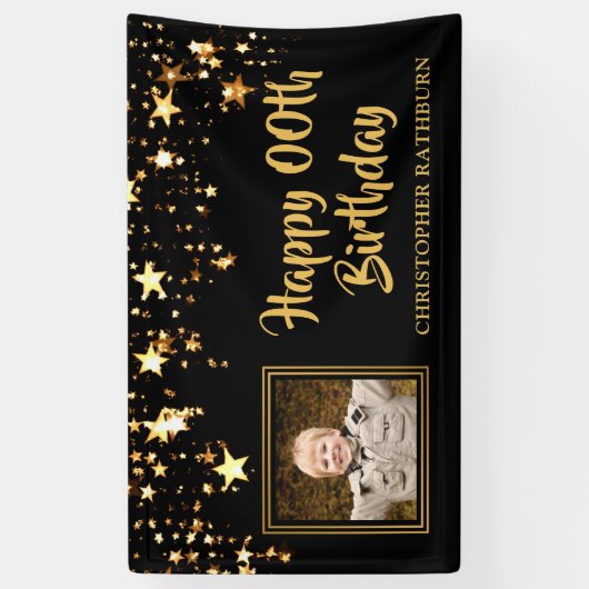 Zwart en Gouden Sterren Foto Elk Jaar Verjaardag Spandoek (Verticaal)