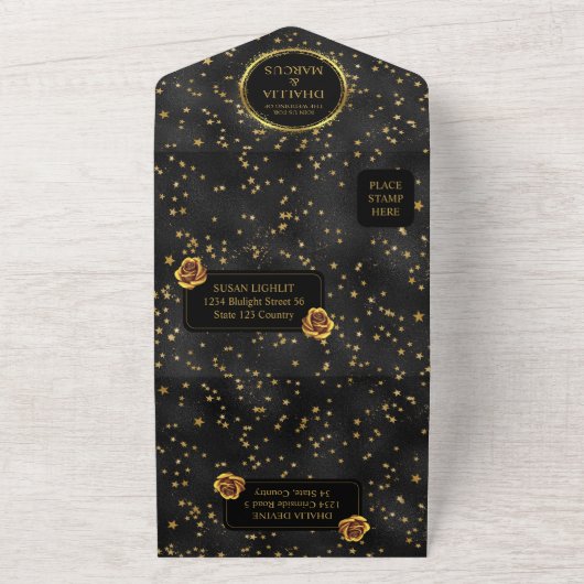 Zwart en gouden sterren Gothic Pattern All In One Uitnodiging (Buitenkant)