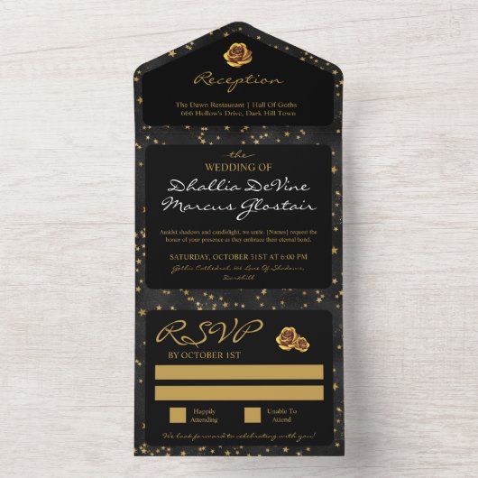 Zwart en gouden sterren Gothic Pattern All In One Uitnodiging (Binnen)