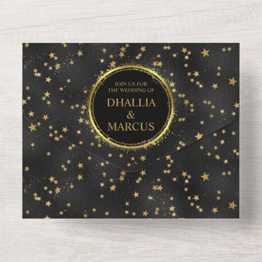 Zwart en gouden sterren Gothic Pattern All In One Uitnodiging (Achterkant)