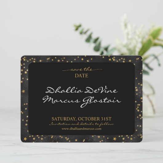 Zwart en gouden sterren Gothic Pattern Save The Date (Staand voorkant)