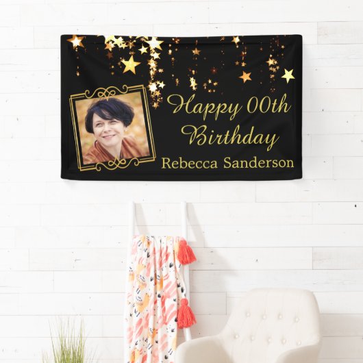 Zwart en Gouden Sterren w / Foto Elk Jaar Verjaard Spandoek (Insitu)