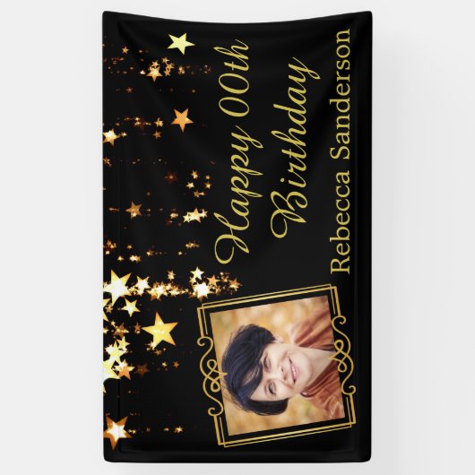 Zwart en Gouden Sterren w / Foto Elk Jaar Verjaard Spandoek (Verticaal)