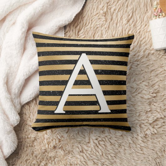 Zwart en Gouden Streep Monogrammed Initiaal Kussen (Deken)