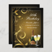 Zwart en Gouden Swirl, Aangepaste 50ste Verjaardag Kaart (Voorkant / Achterkant)