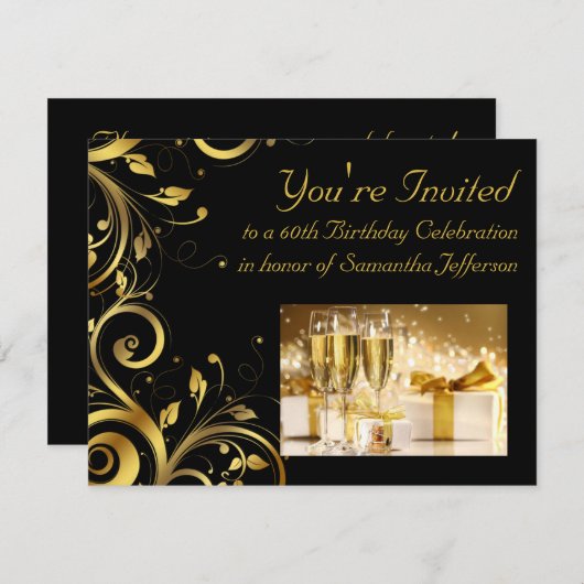 Zwart en Gouden Swirl, Aangepaste 60ste Verjaardag Kaart (Voorkant / Achterkant)