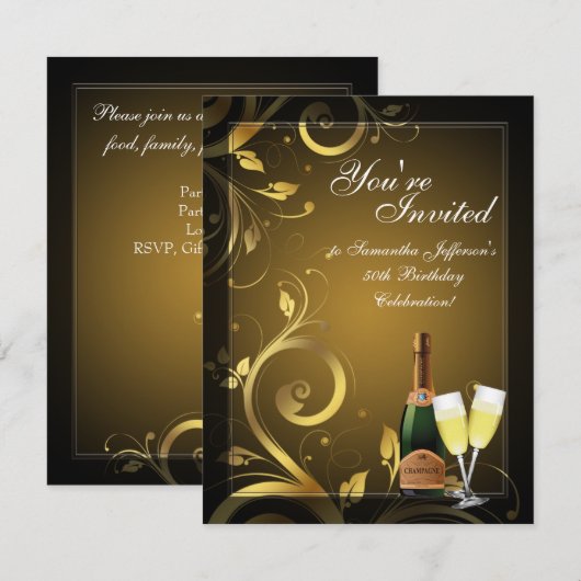 Zwart en Gouden Swirl, Aangepaste Verjaardagsfeest Kaart (Voorkant / Achterkant)