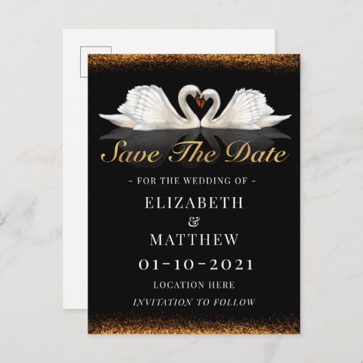 Zwart en gouden thema met zwanen bruiloft aankondigingskaart (Voorkant / Achterkant)