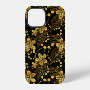 Zwart en gouden tropisch bladerenpatroon iPhone 12 hoesje