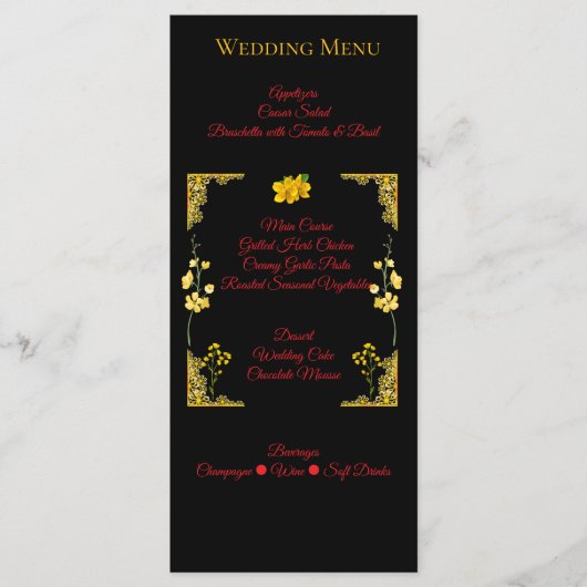 Zwart en gouden trouwmenu kaart (Voorkant)