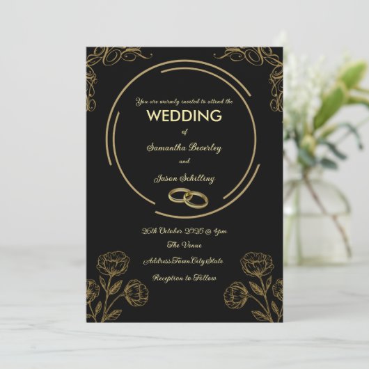 Zwart en gouden trouwuitnodiging kaart (Staand voorkant)