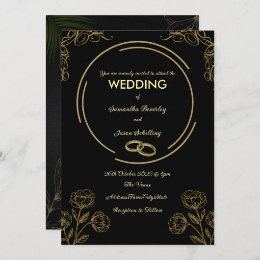 Zwart en gouden trouwuitnodiging kaart (Voorkant / Achterkant)