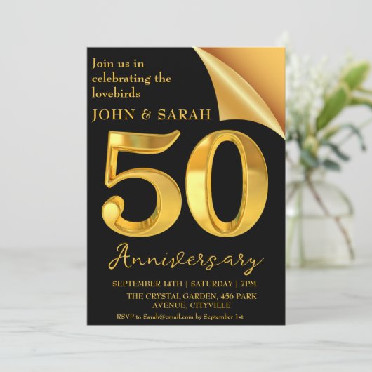 Zwart en gouden uitnodigingen voor 50-jarig jubile (Staand voorkant)