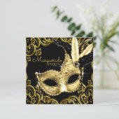 Zwart en Gouden Veer Masker Masker Maskerade Party Kaart (Staand voorkant)