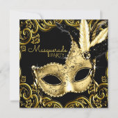 Zwart en Gouden Veer Masker Masker Maskerade Party Kaart (Voorkant)