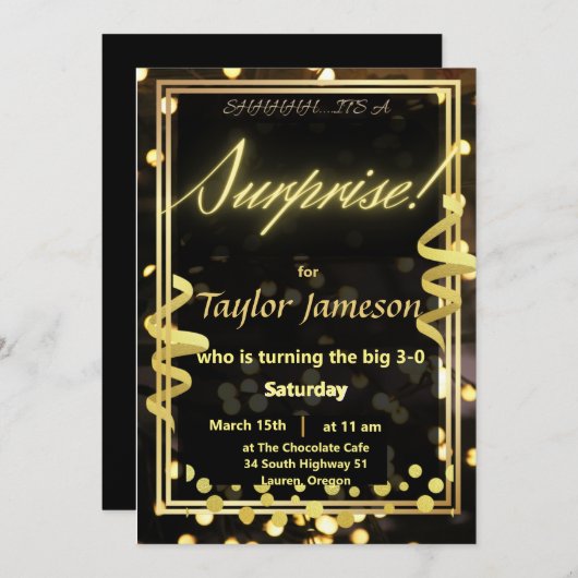 Zwart en gouden verrassingsuitnodiging QR RSVP Kaart (Voorkant / Achterkant)