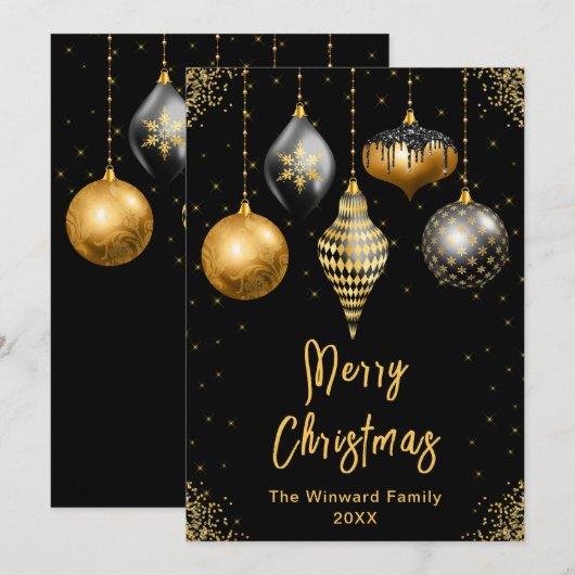Zwart en Gouden Versieringen Prettig Kerstfeest Feestdagenkaart (Voorkant / Achterkant)