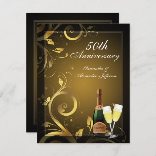 Zwart en gouden wervelende aangepaste 50ste verjaa kaart (Voorkant / Achterkant)